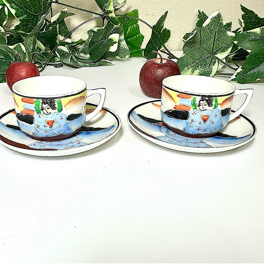 Vintage Samurai Porcelain Eggshell Cup and Saucer Decorated Geisha
